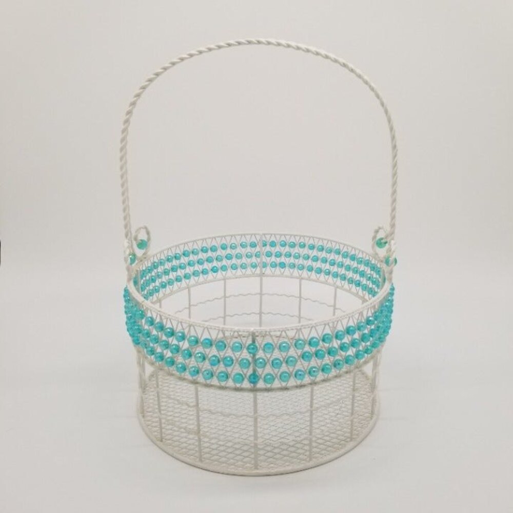 White Turquoise Beaded Wire Mesh Metal Basket Easter Spring Gift Home Decor